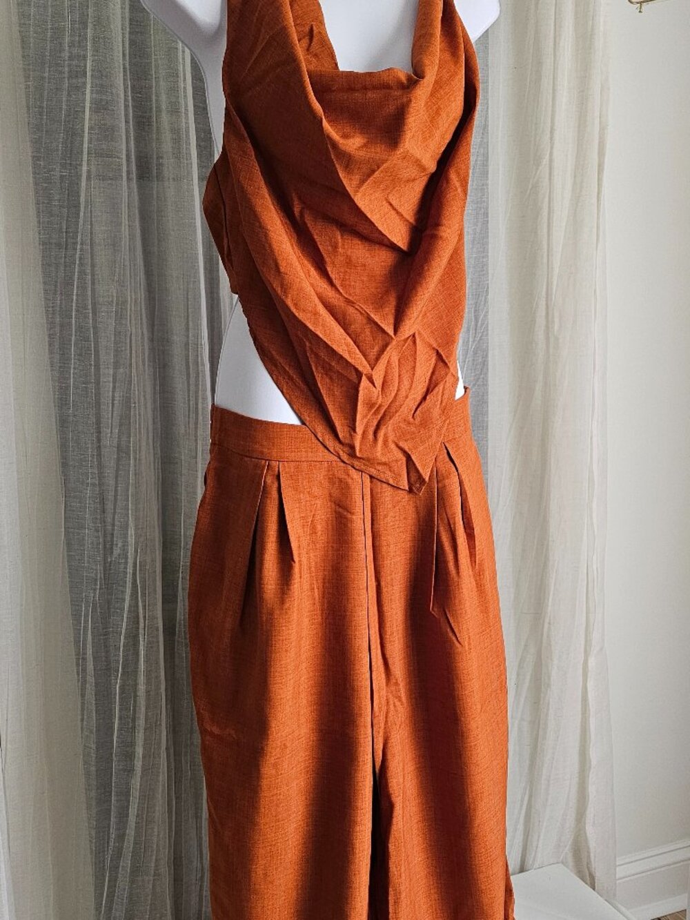 Women's Summer Asymmetric Hem Sleeveless Casual Shirt And Wide Leg Pant Brick